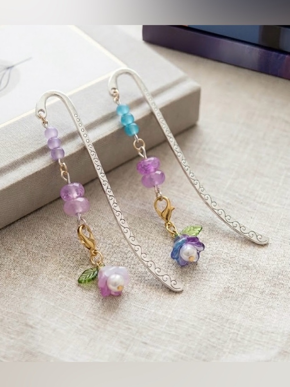 Set of Two Beaded Bookmarks Blue/Purple & Silver Tones with Flower Charms